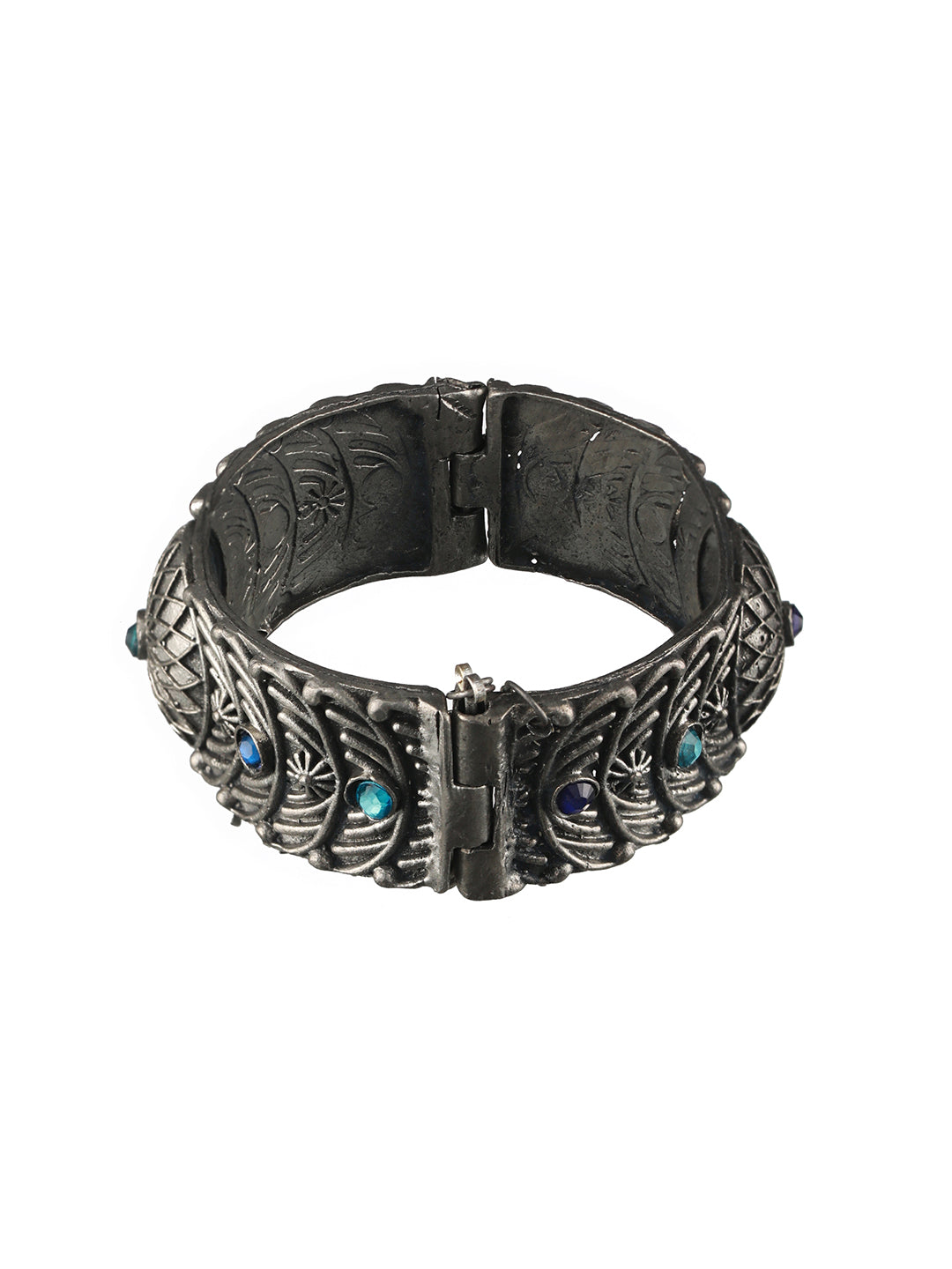 Oxidized Silver-Plated & Blue Stone Studed Antique Dome Shaped Bangle Style Bracelet - Jazzandsizzle