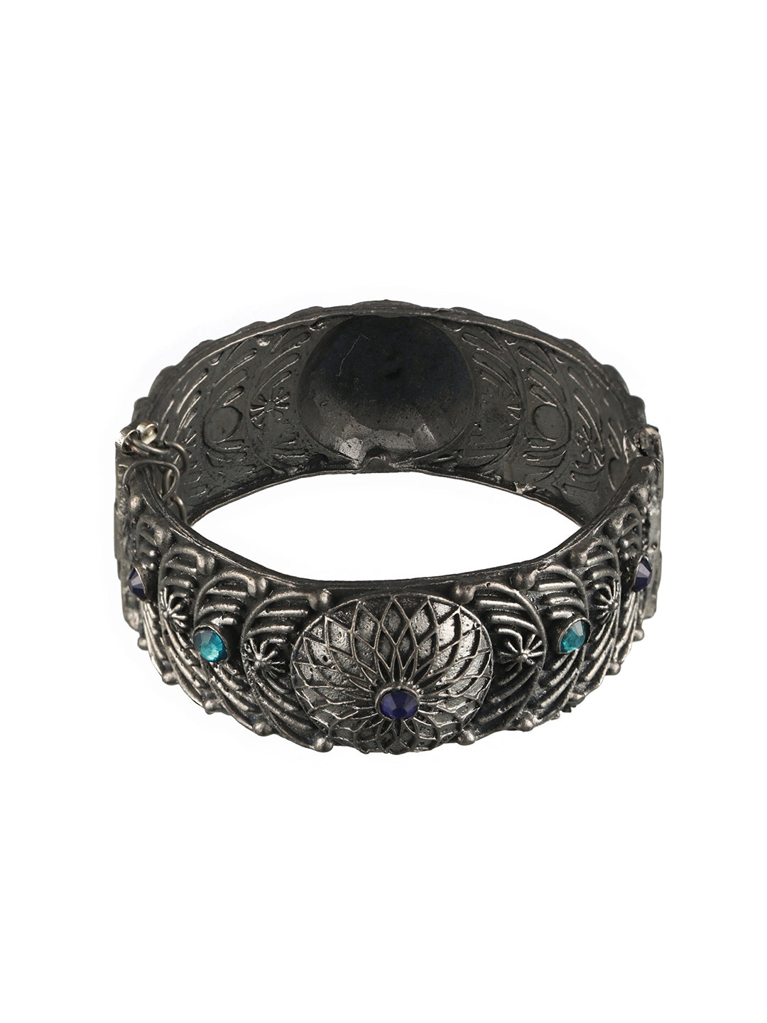 Oxidized Silver-Plated & Blue Stone Studed Antique Dome Shaped Bangle Style Bracelet - Jazzandsizzle