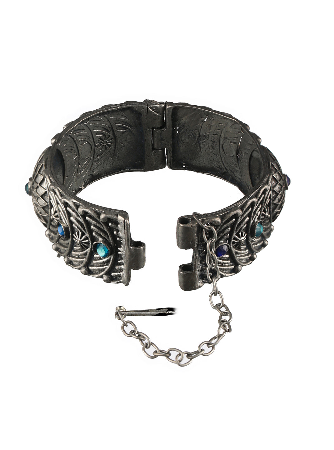 Oxidized Silver-Plated & Blue Stone Studed Antique Dome Shaped Bangle Style Bracelet - Jazzandsizzle