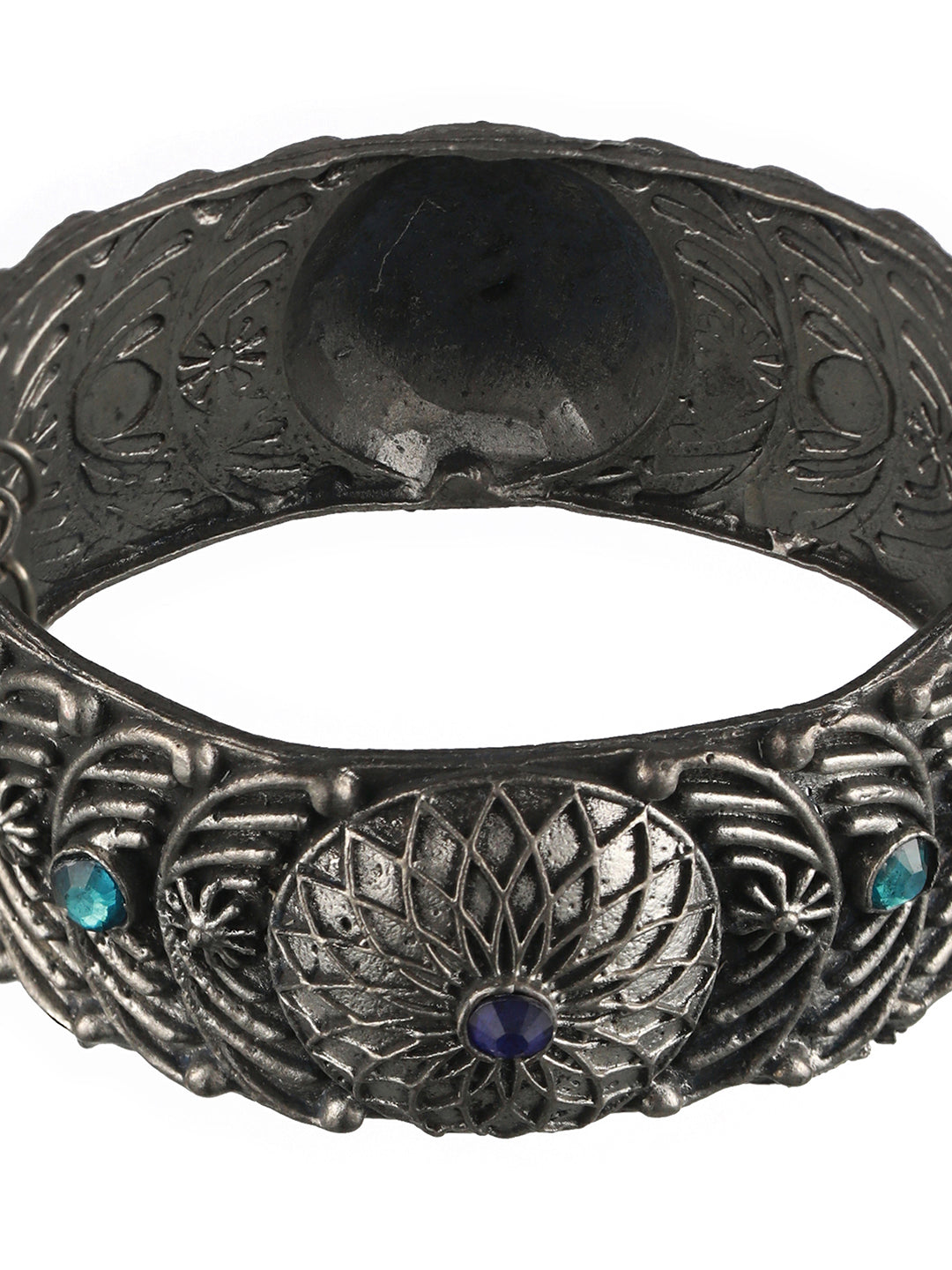 Oxidized Silver-Plated & Blue Stone Studed Antique Dome Shaped Bangle Style Bracelet - Jazzandsizzle