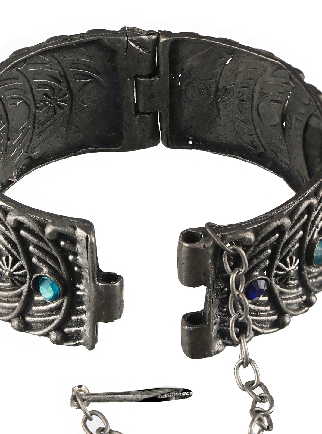 Oxidized Silver-Plated & Blue Stone Studed Antique Dome Shaped Bangle Style Bracelet - Jazzandsizzle