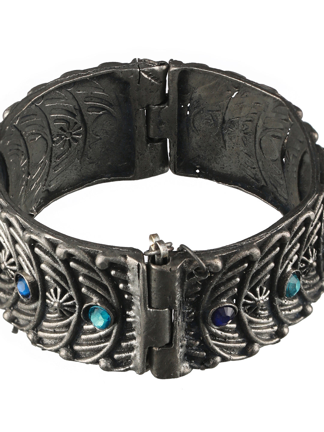 Oxidized Silver-Plated & Blue Stone Studed Antique Dome Shaped Bangle Style Bracelet - Jazzandsizzle