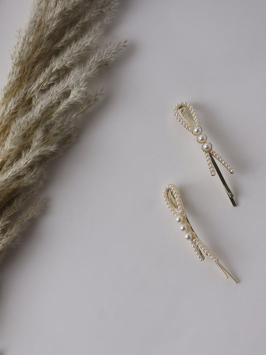 Set Of 2 Gold-Plated Off-White Gold Beaded Handcrafted Hair Clips - Jazzandsizzle