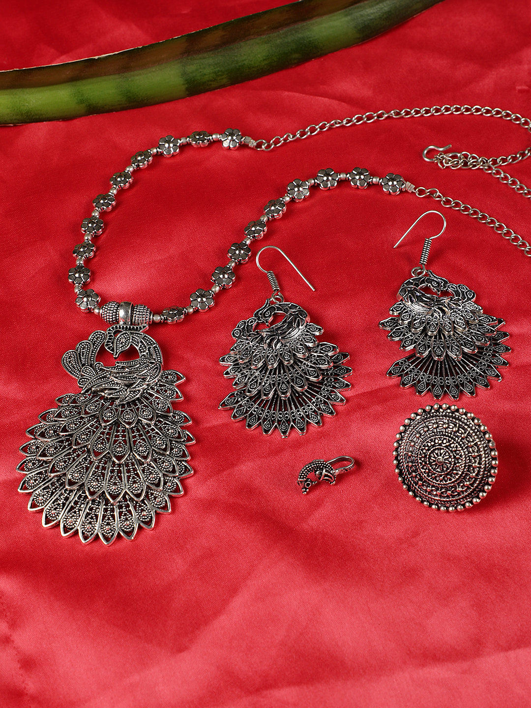 German Silver Oxidised Peacock Jewellery set with Ring and NosePin - Jazzandsizzle