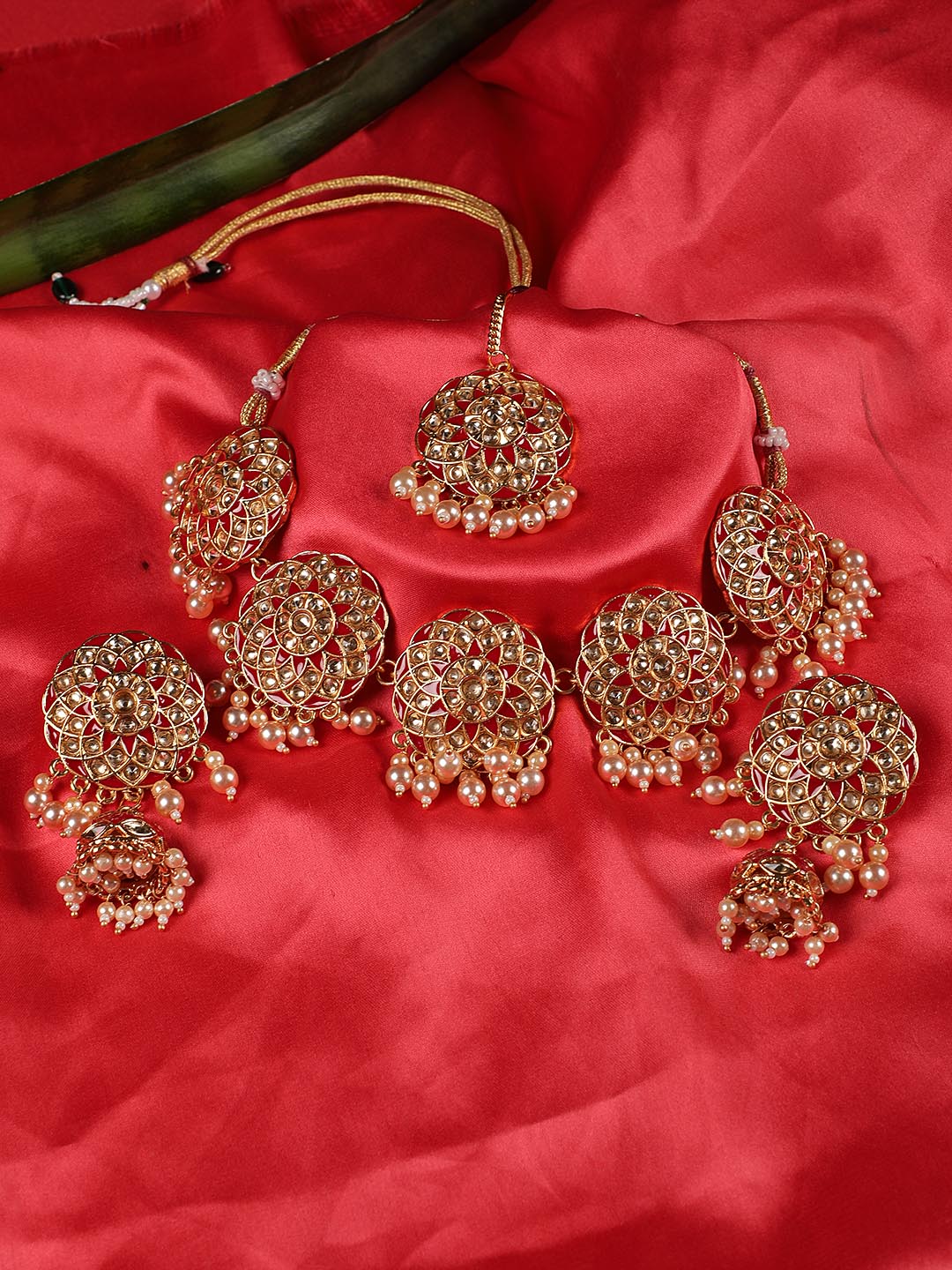 Red Kundan Pearls Gold Plated Choker Set with MaangTikka