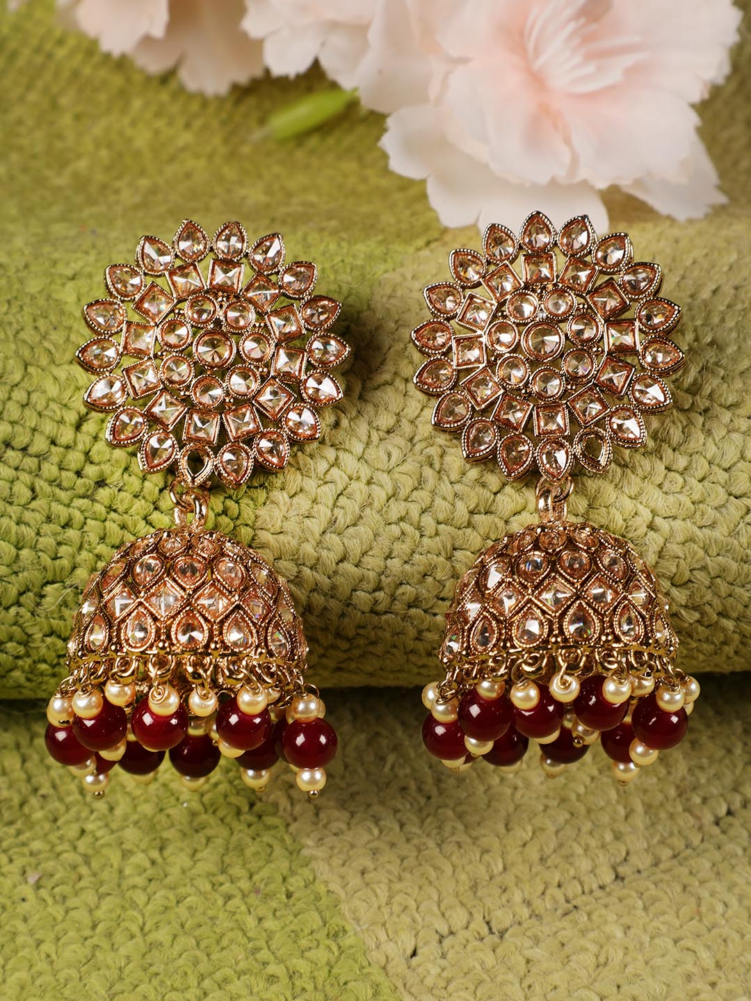 Gold-Toned & Ad studed Marron Beaded Contemporary Jhumkas - Jazzandsizzle