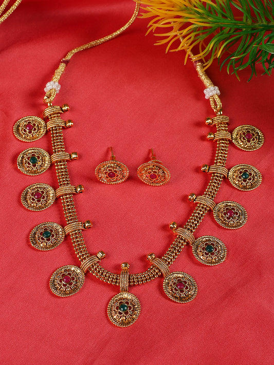 Ruby & Green Gold-Plated Stone-Studded Handcrafted Jewellery Set - Jazzandsizzle