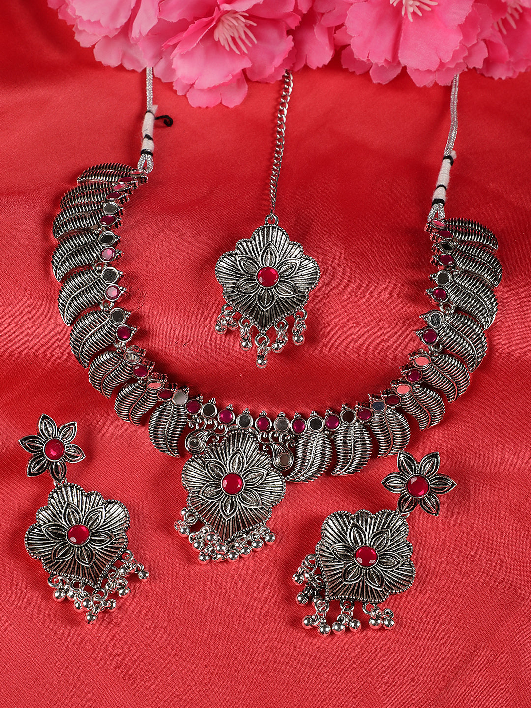 Ruby Stones Studded Oxidized Silver Plated Jewelry Set - Jazzandsizzle