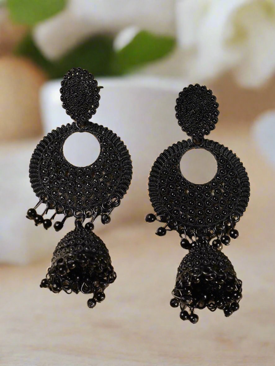 Black Painted Enamel Ethnic Jhumka Earring - Jazzandsizzle