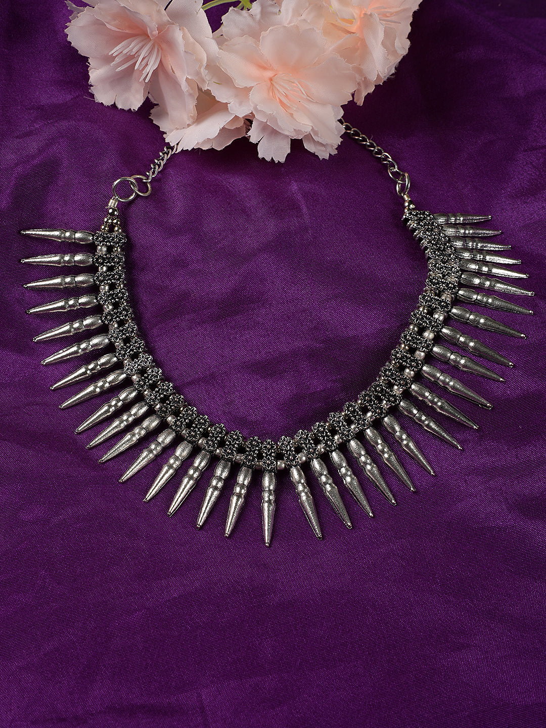 Silver-Plated Spiked Oxidized Tribal Necklace - Jazzandsizzle