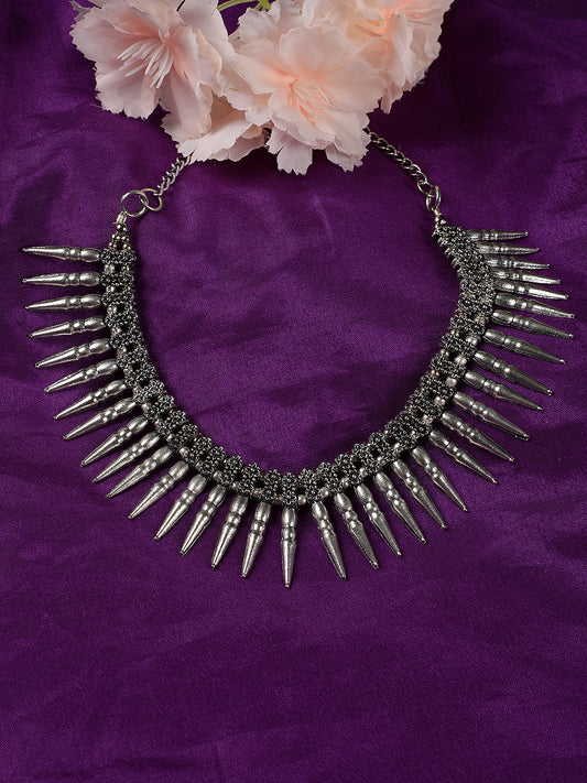 Silver-Plated Spiked Oxidized Tribal Necklace - Jazzandsizzle