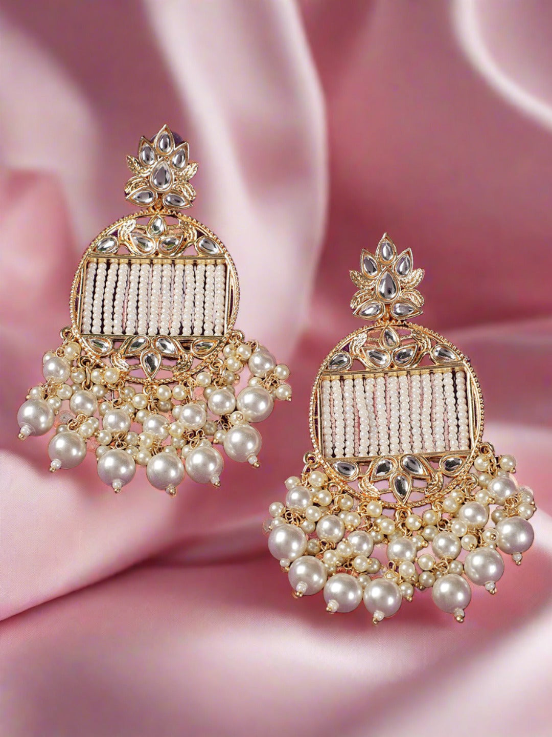 Gold-Plated Handcrafted Kundan Pearl Studded Multistrand Earrings - Jazzandsizzle