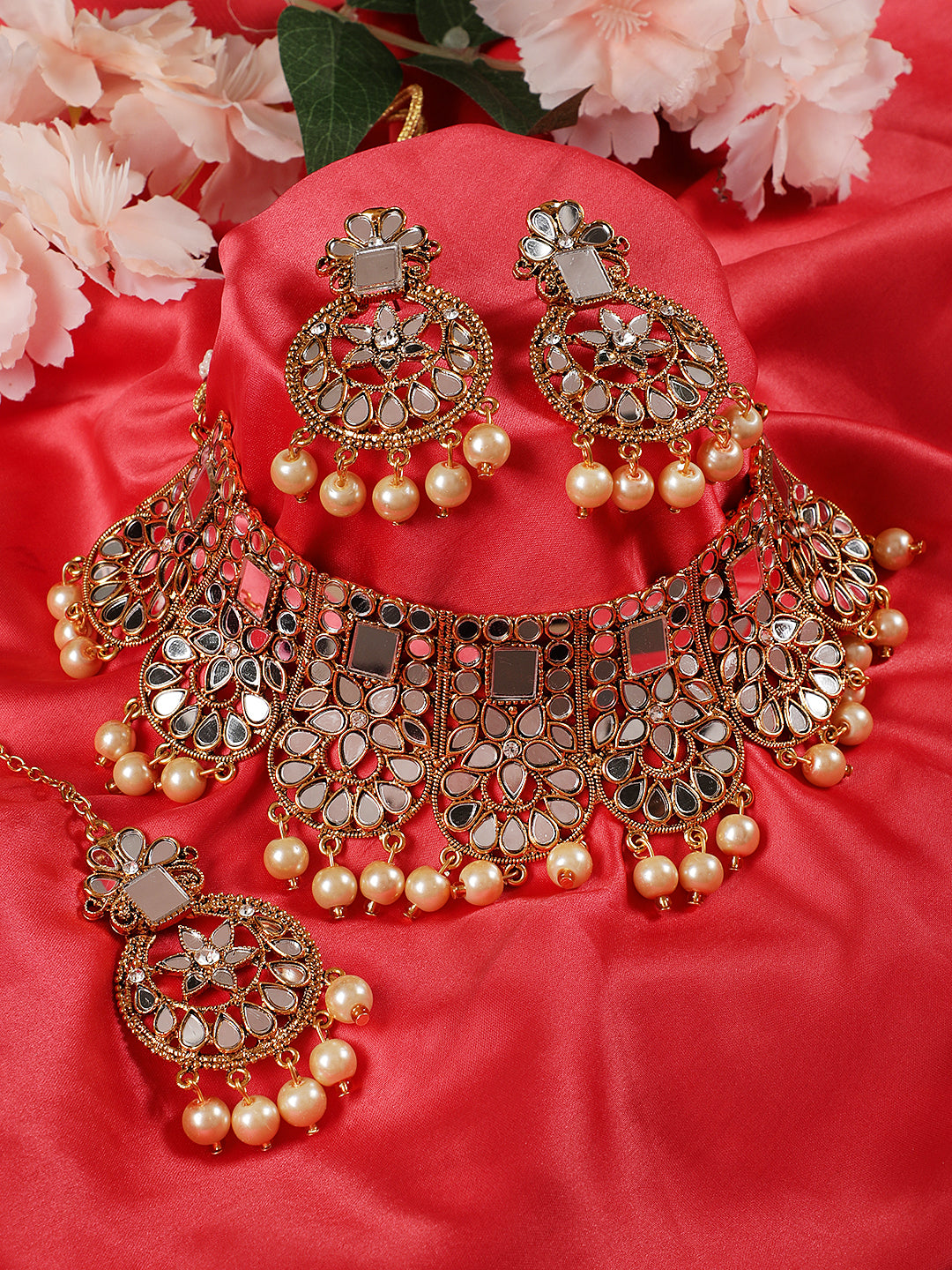 Gold-Plated White Coloured Stone-Studded & Cream Pearl Beaded Handcrafted Jewellery Set - Jazzandsizzle