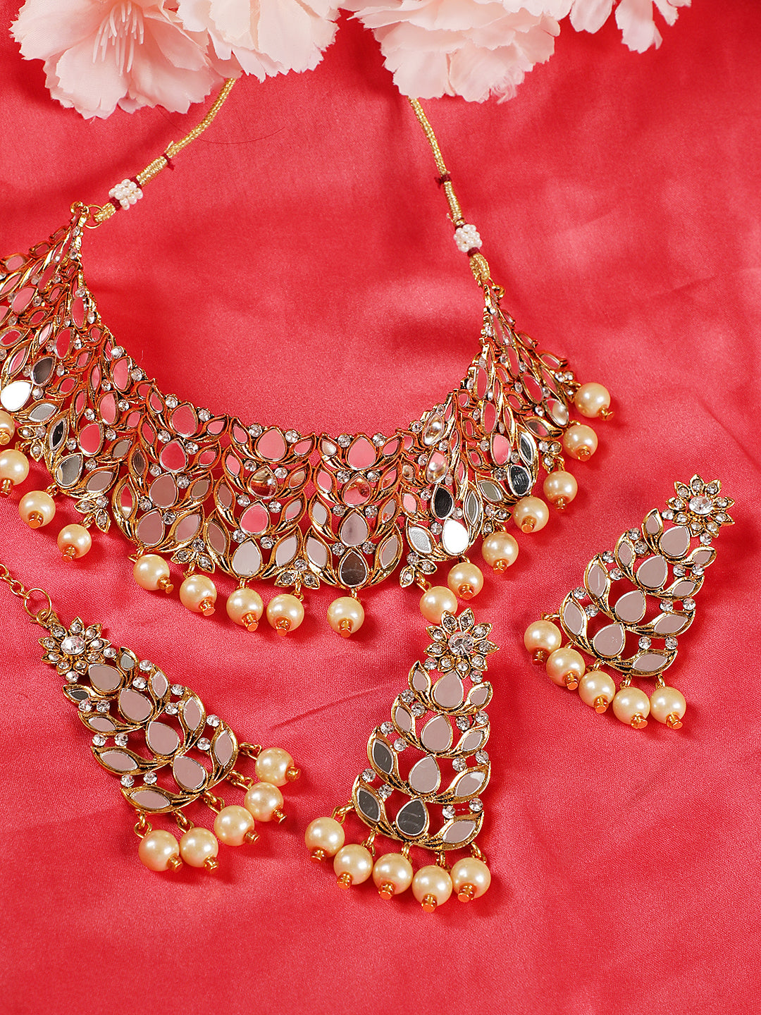 Gold-Plated White Coloured Stone-Studded & Pearl Beaded Handcrafted Jewellery Set - Jazzandsizzle