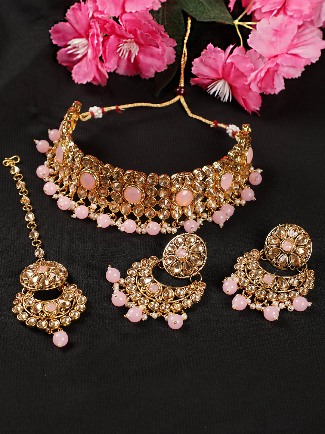 Pink Pearls Kundan Beads Gold Plated Choker Set with MaangTika - Jazzandsizzle