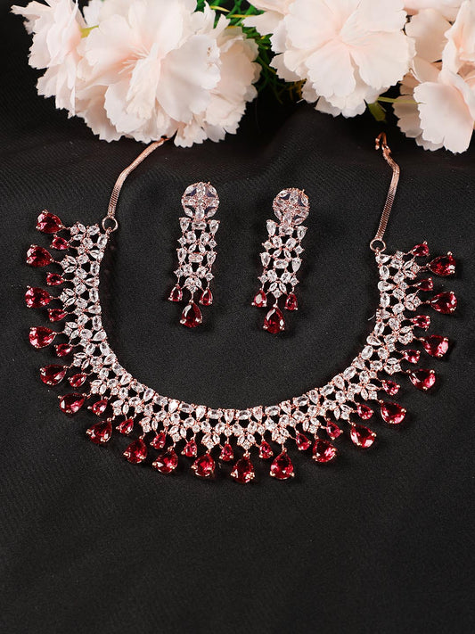 Maroon American Diamond Rose Gold Plated Jewellery Set - Jazzandsizzle