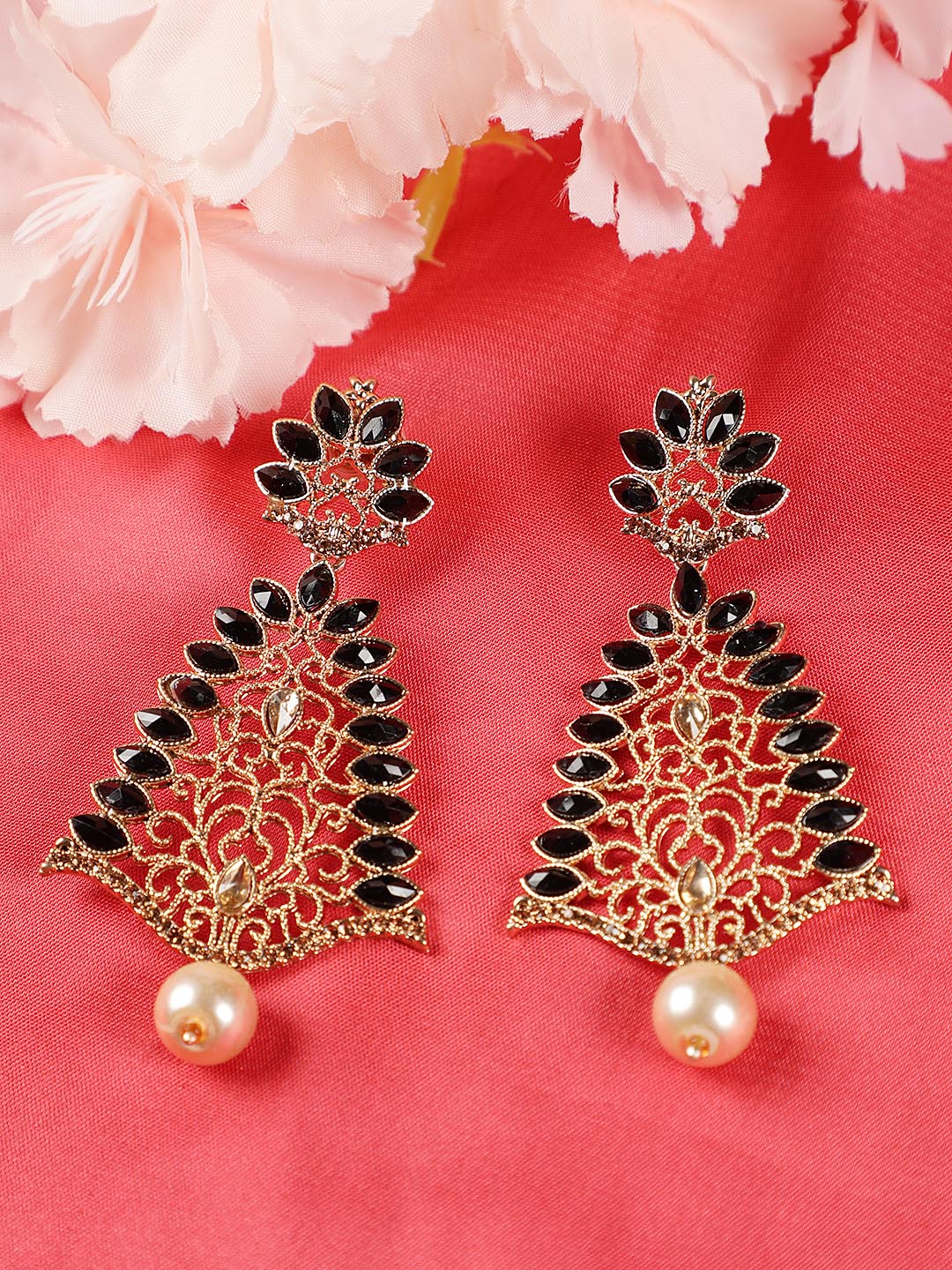 Gold Toned & Black kundan Studded Contemporary Drop Earrings - Jazzandsizzle