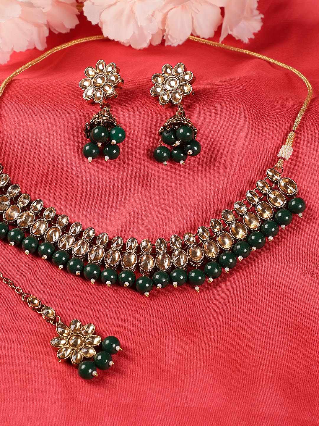 Green Kundan Stones Gold Plated Choker Set with MaangTikka - Jazzandsizzle