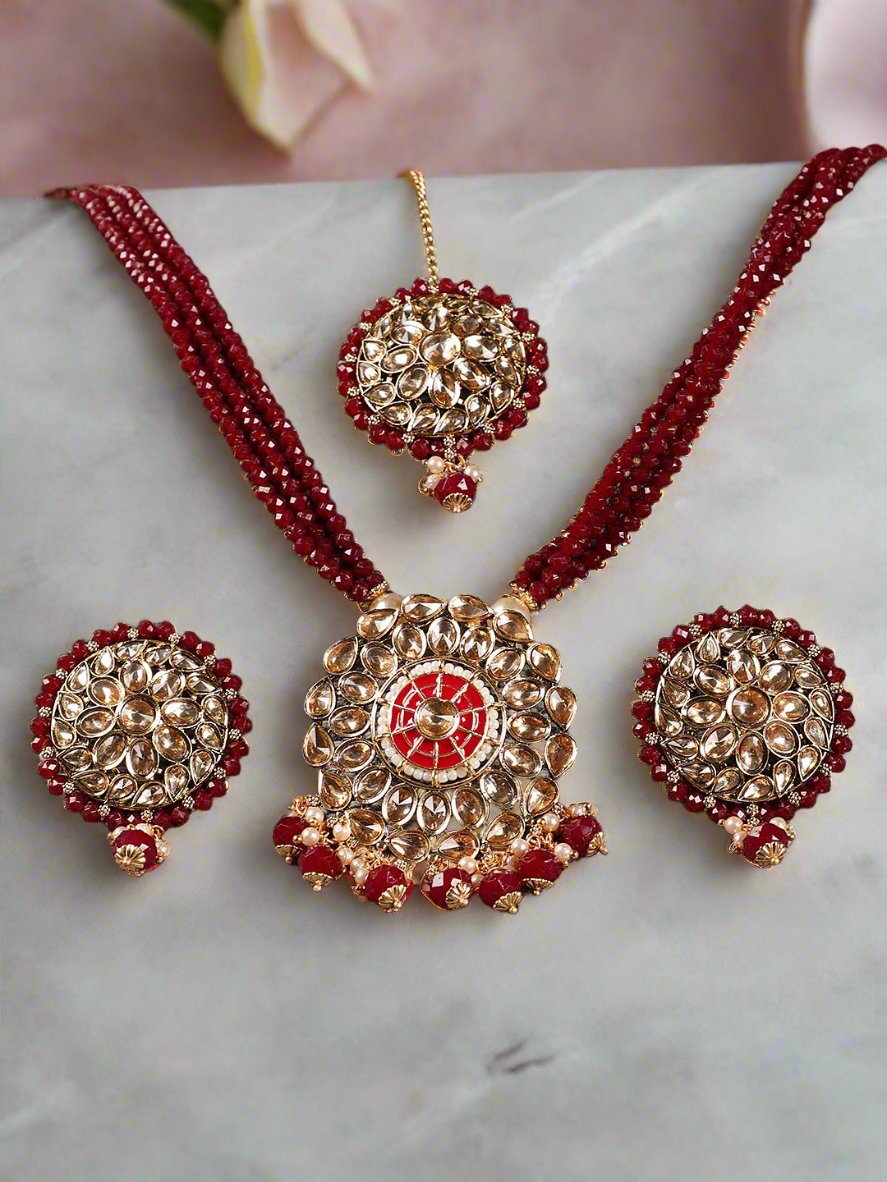 Gold-Plated & Kundan Studded Mahroon Beaded Multi-Strand Jewellery Set with Maangtika - Jazzandsizzle