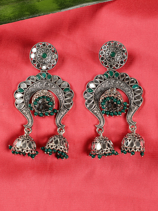 Emarald Beads Oxidised Silver-Plated Jhumka Earring - Jazzandsizzle