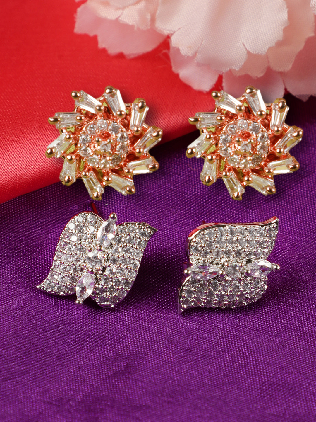 Set of 2 American Diamond studded Rose gold Plated Studs Earring - Jazzandsizzle