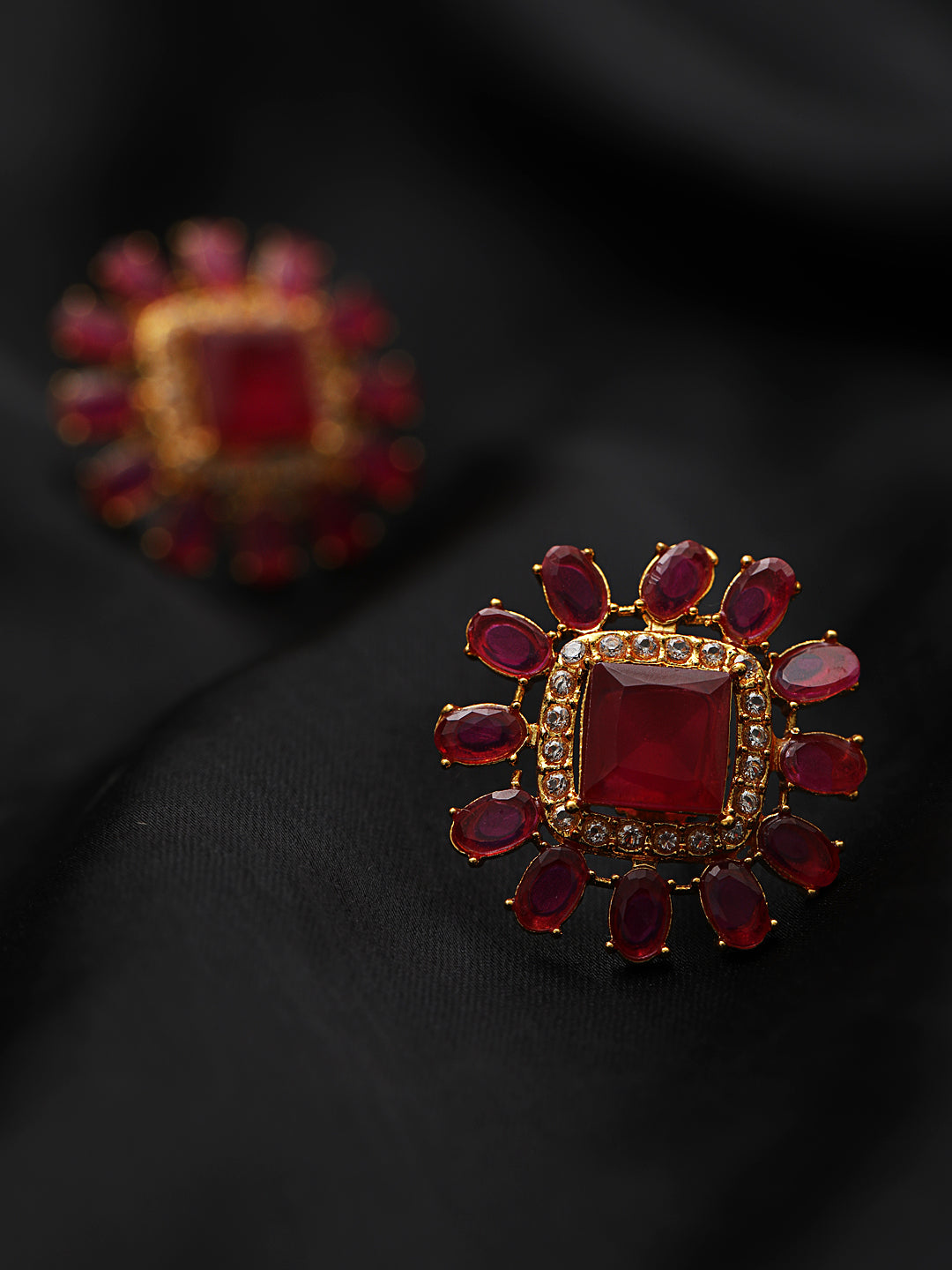 Red Square Shaped Stone Studded Contemporary Stud Earrings - Jazzandsizzle