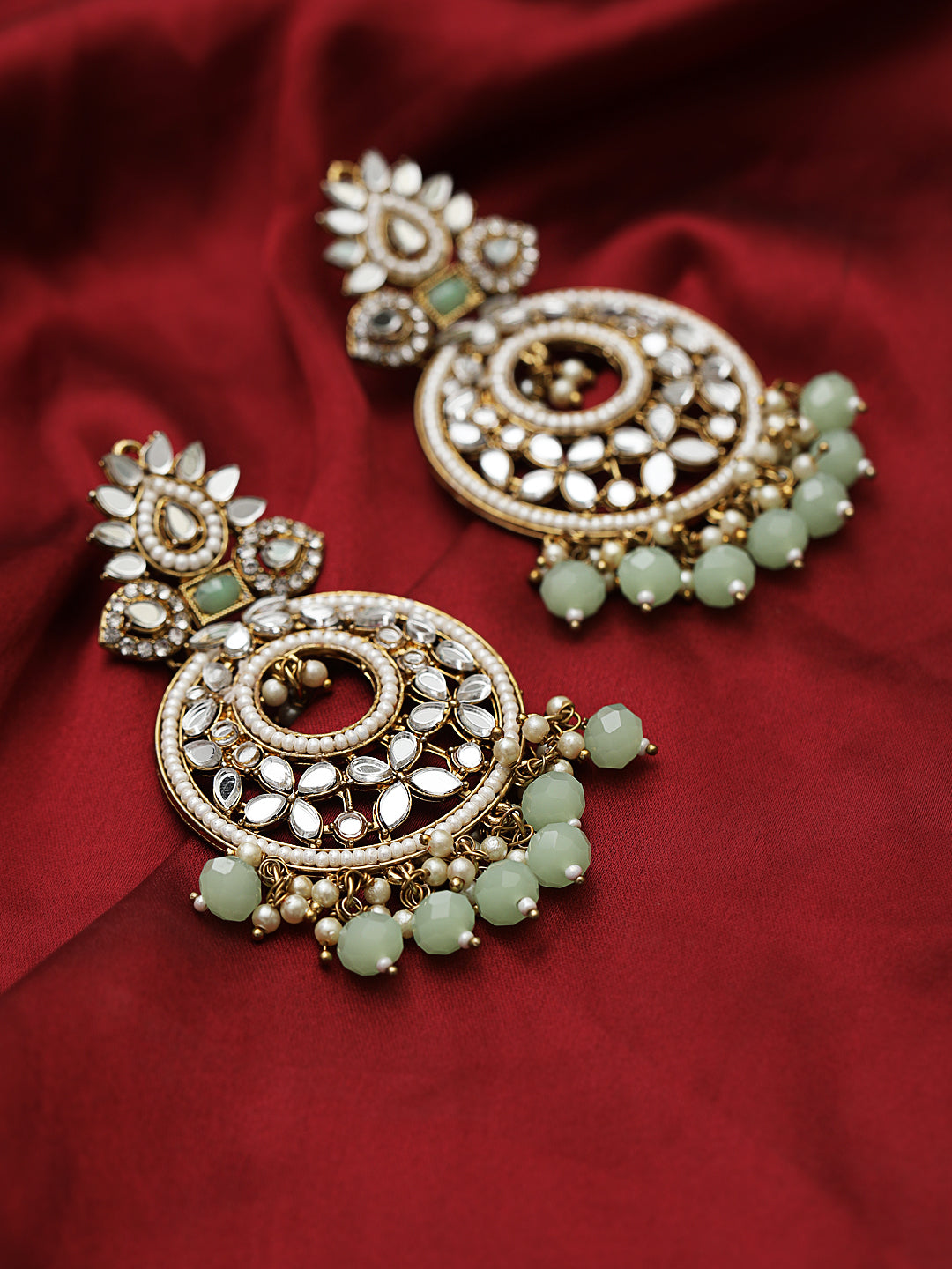 Mint Green Gold-Plated stone Studded & Beadded Crescent Shaped Chandbalis Earrings