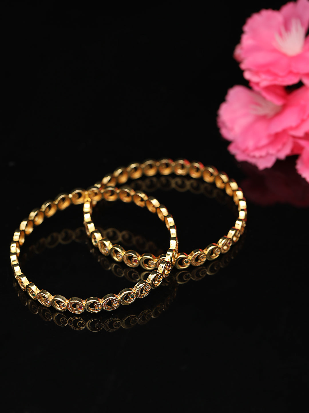 Set Of 2 Gold-Plated Multicolored Stones Studded Bangles in Circular Pattern - Jazzandsizzle
