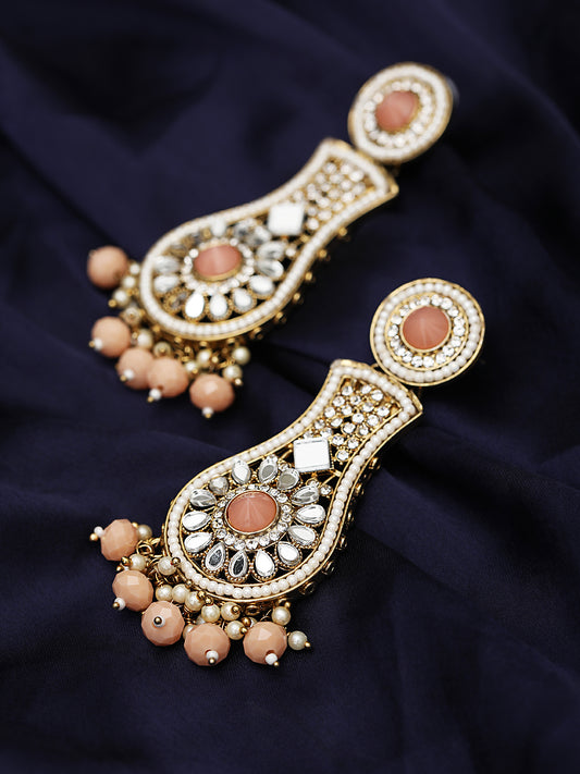 Peach coloured Kundan Studded & Beaded Classic Drop Earrings - Jazzandsizzle