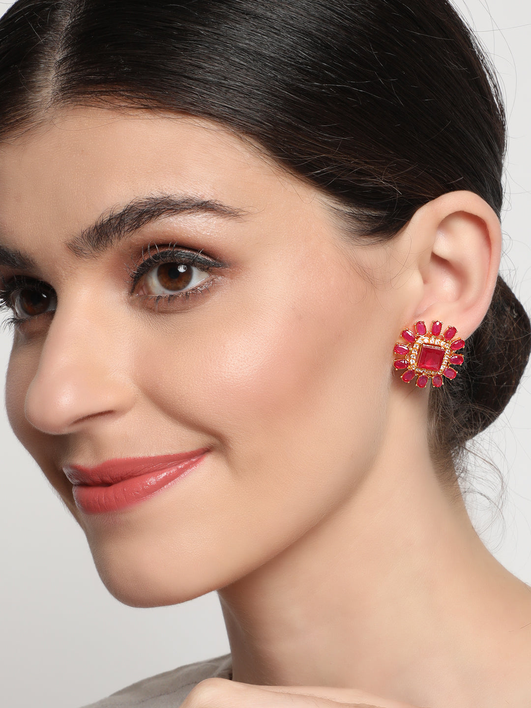Red Square Shaped Stone Studded Contemporary Stud Earrings - Jazzandsizzle