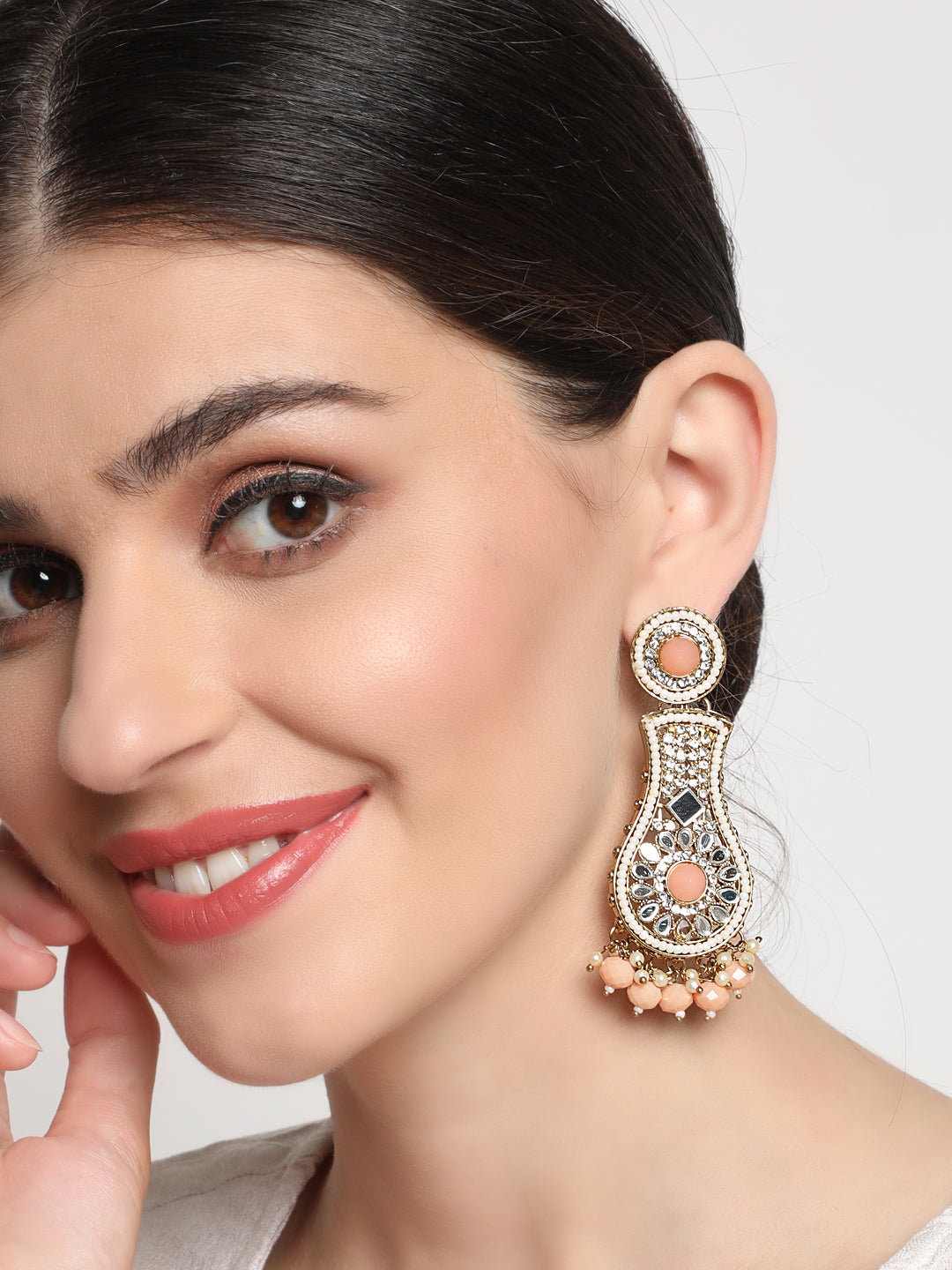Peach coloured Kundan Studded & Beaded Classic Drop Earrings - Jazzandsizzle