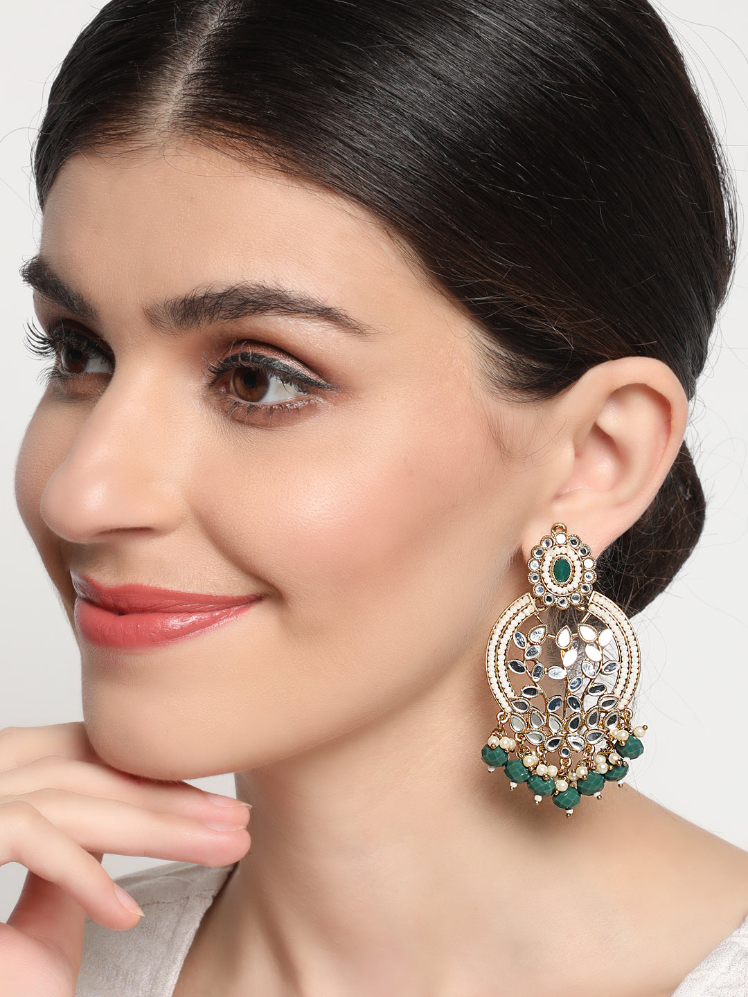 Green Gold-Plated stone Studded & Beadded Classic Drop Earrings - Jazzandsizzle