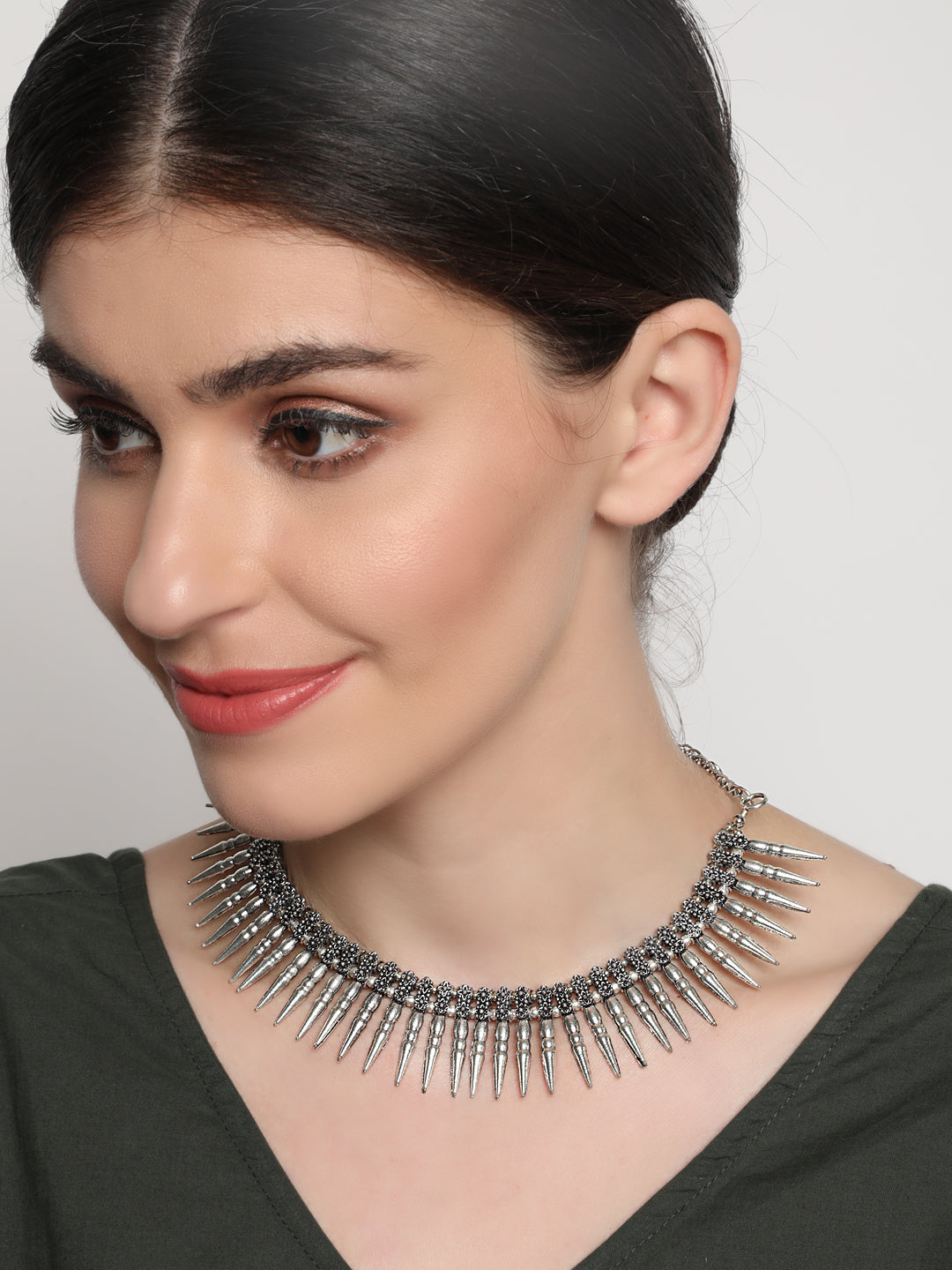 Silver-Plated Spiked Oxidized Tribal Necklace - Jazzandsizzle
