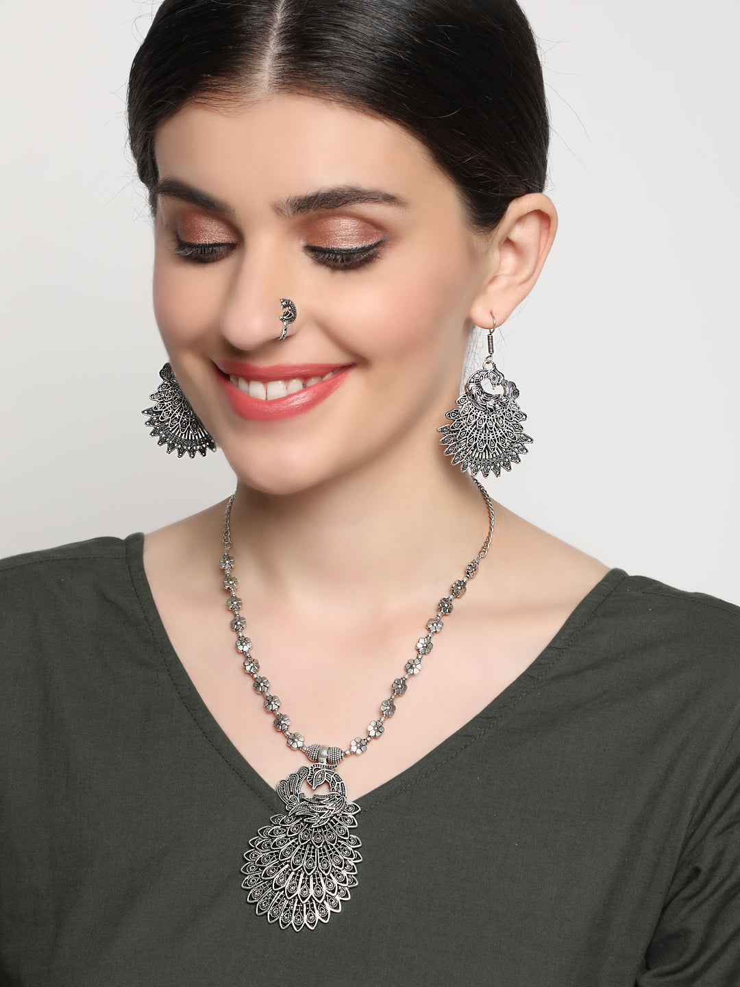 German Silver Oxidised Peacock Jewellery set with Ring and NosePin - Jazzandsizzle