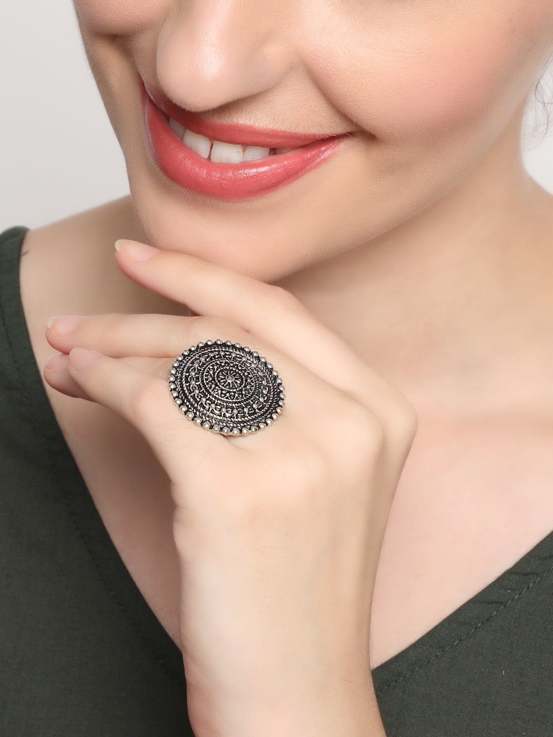 German Silver Oxidised Peacock Jewellery set with Ring and NosePin - Jazzandsizzle