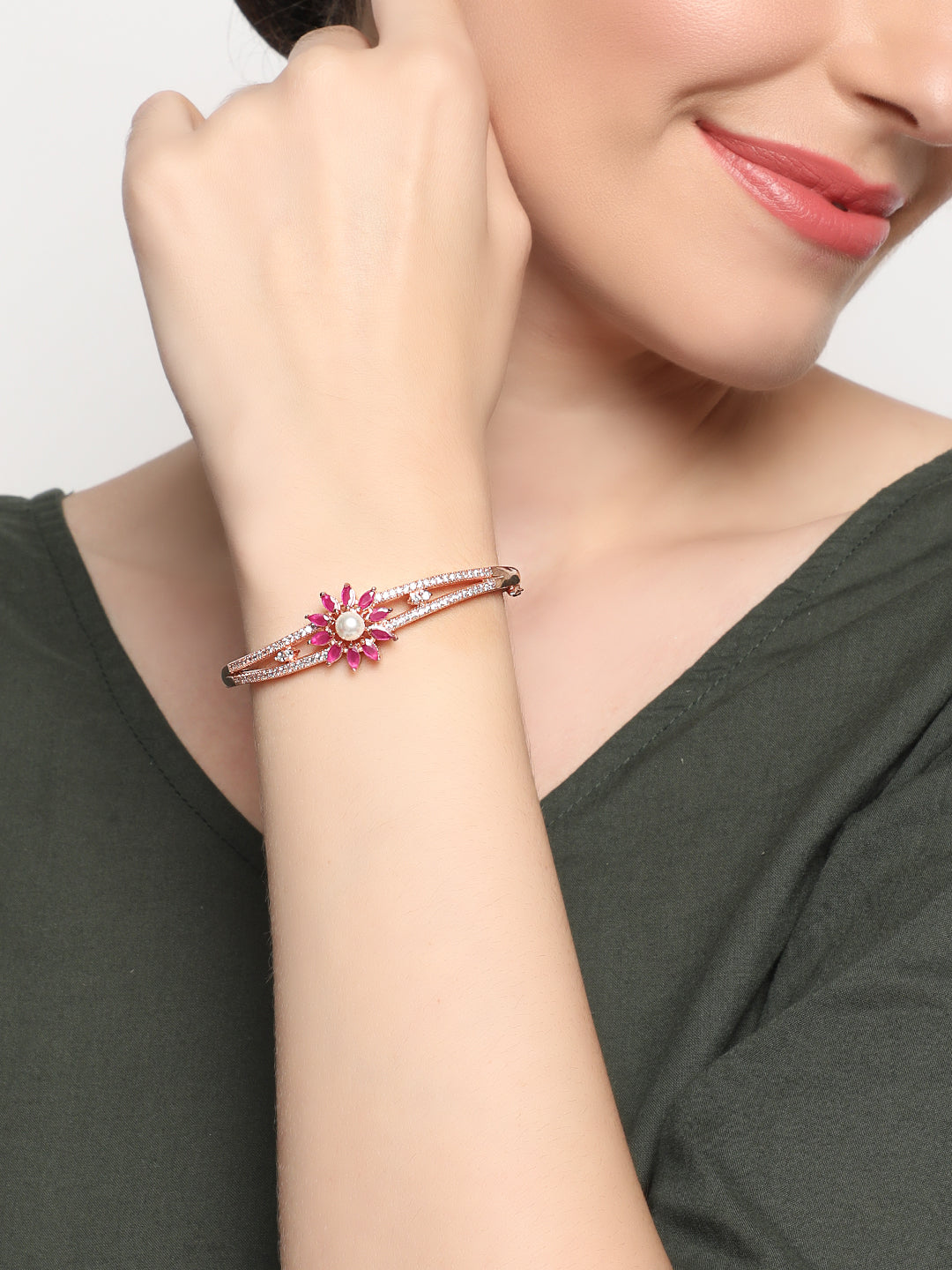 Rose Gold Plated American Diamond Ruby Studded Floral Patterned Bracelet - Jazzandsizzle