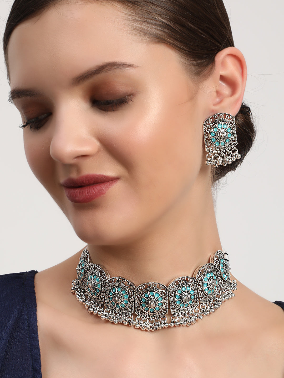 Blue Stones Studded Silver Plated Choker Set - Jazzandsizzle