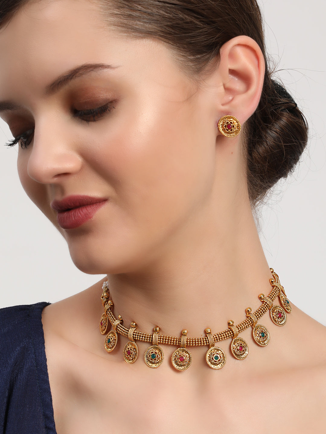 Ruby & Green Gold-Plated Stone-Studded Handcrafted Jewellery Set - Jazzandsizzle