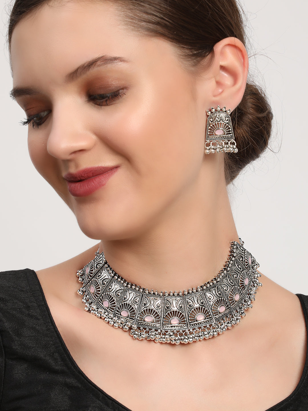 Pink Stones Studded OxidisedSilver Plated Jewellery Set - Jazzandsizzle