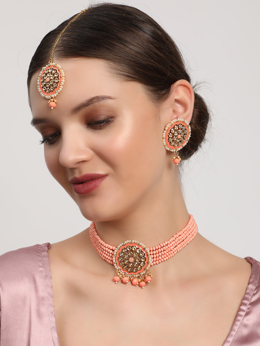 Peach Beads Kundan Gold Plated Traditional Choker Set with Maangtika - Jazzandsizzle