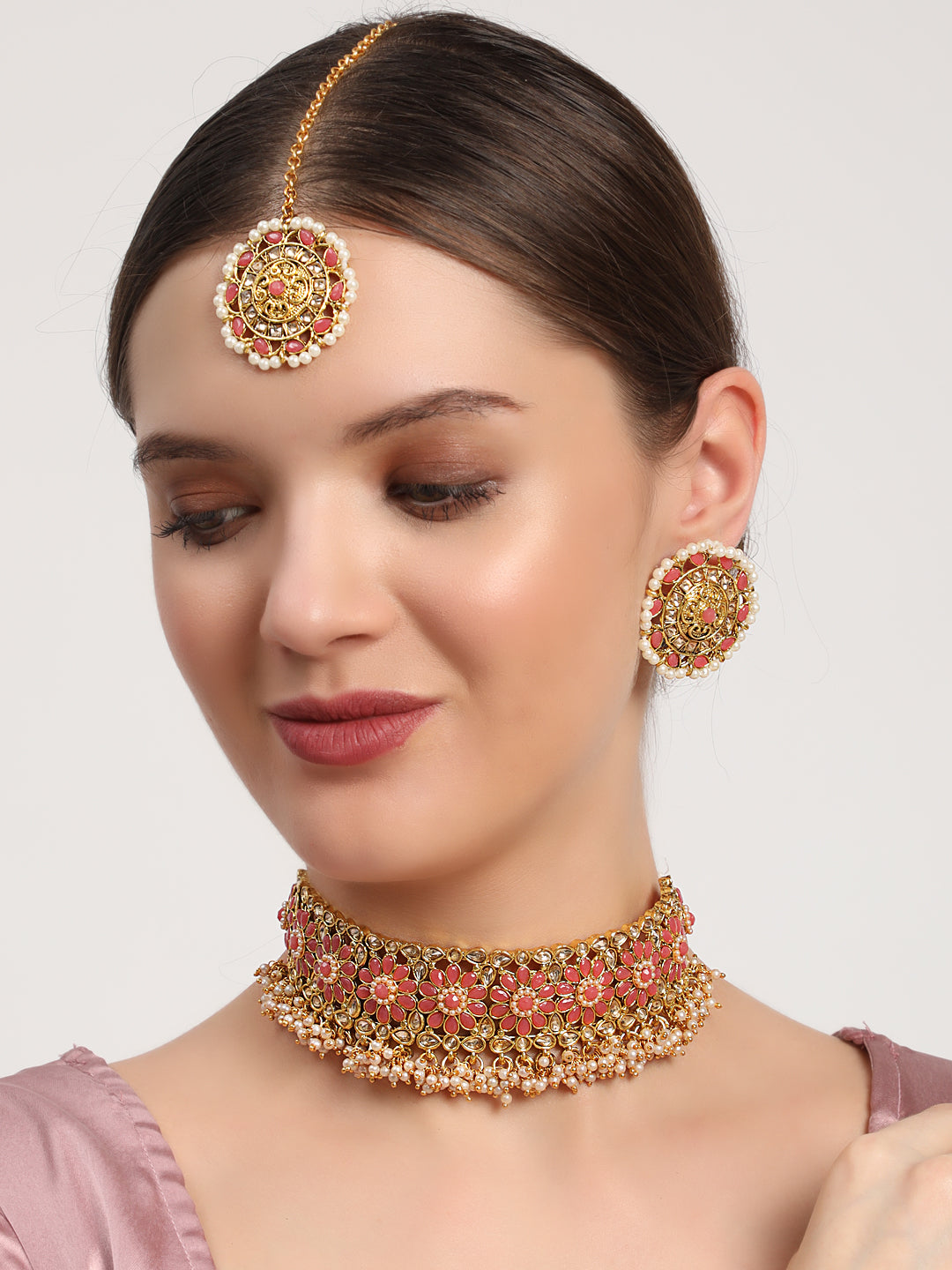 Pink Pearls Beads Kundan Stones Gold Plated Choker Set with MaangTikka - Jazzandsizzle