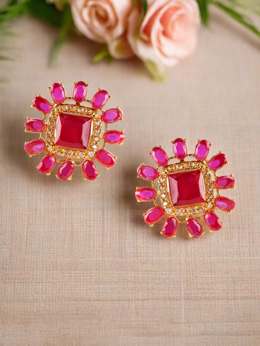 Red Square Shaped Stone Studded Contemporary Stud Earrings - Jazzandsizzle