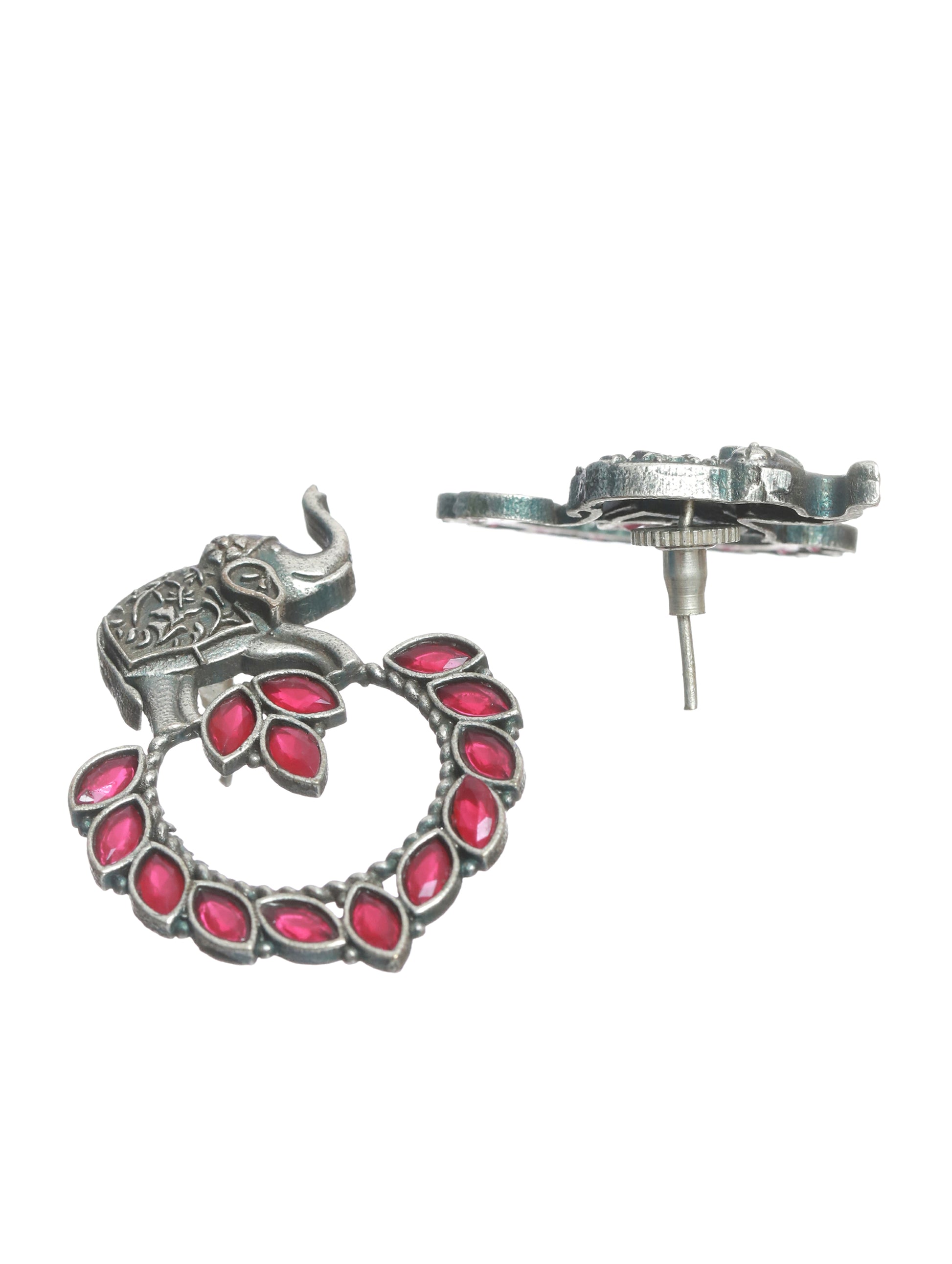 Oxidised Silver-Toned & Elephant Shaped Handcrafted Red stone studded Chandbalis - Jazzandsizzle