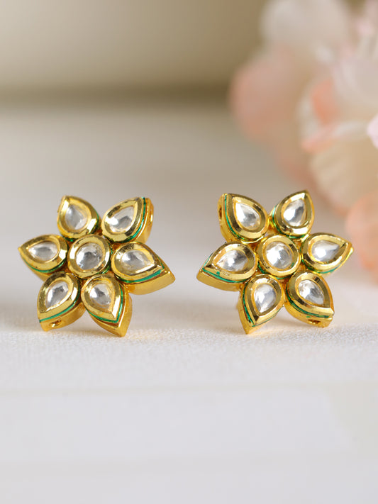 Gold-Toned & Kundan Studded Floral Studs Earrings - Jazzandsizzle