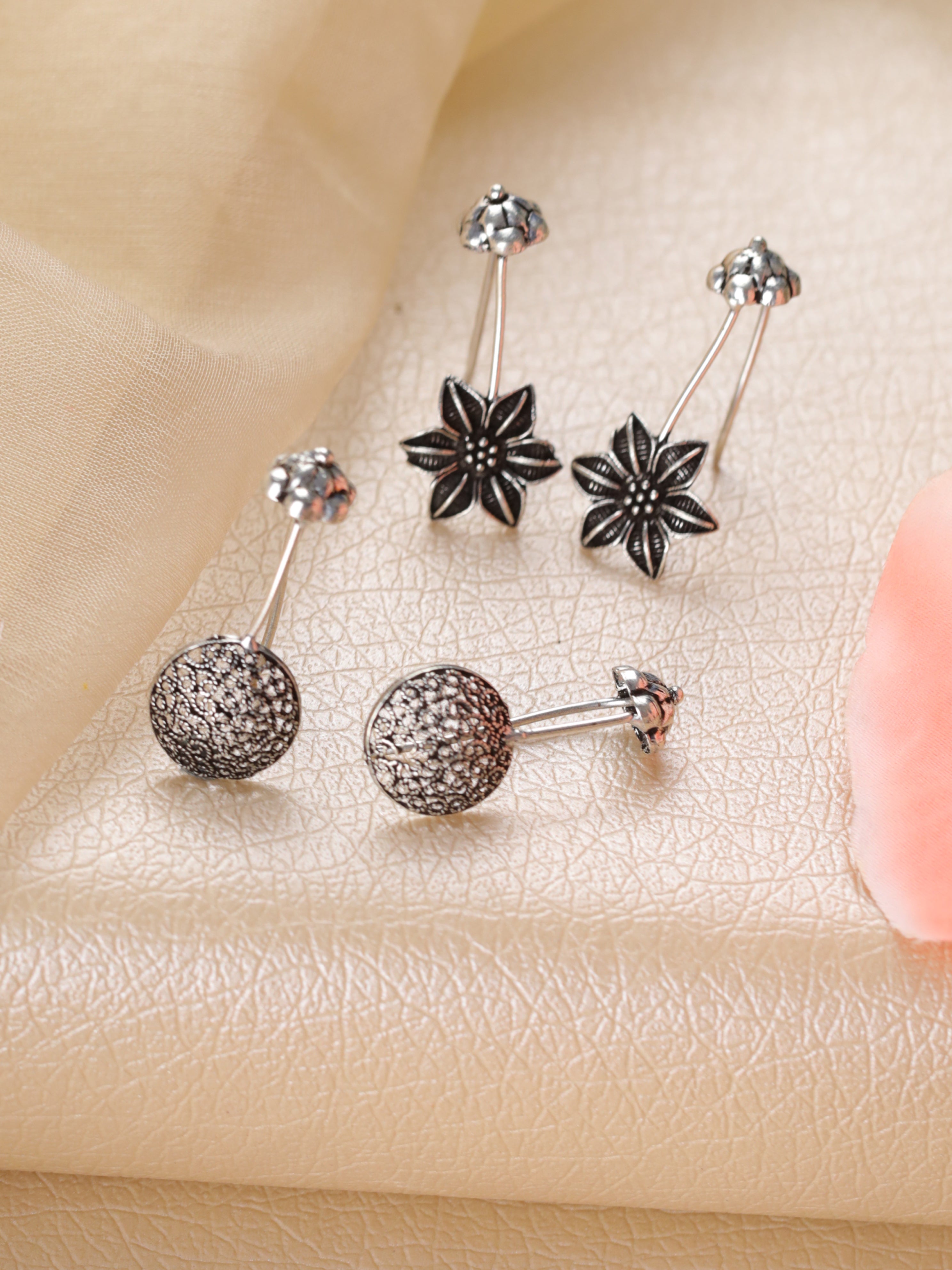 Set of 2 Silver-Toned & Floral Ear Cuff Earrings - Jazzandsizzle