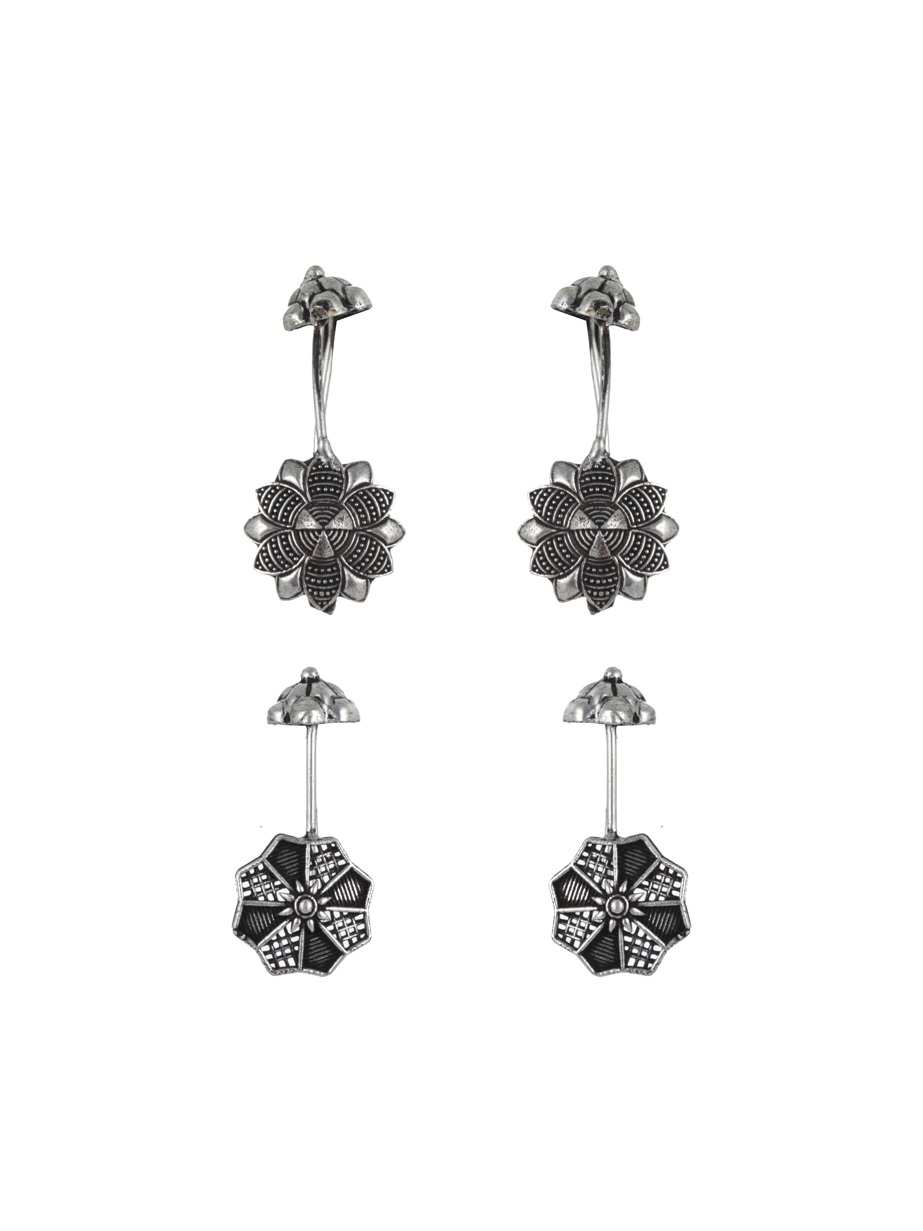 Set of 2 Silver-Toned Textured & Floral Ear Cuff Earrings