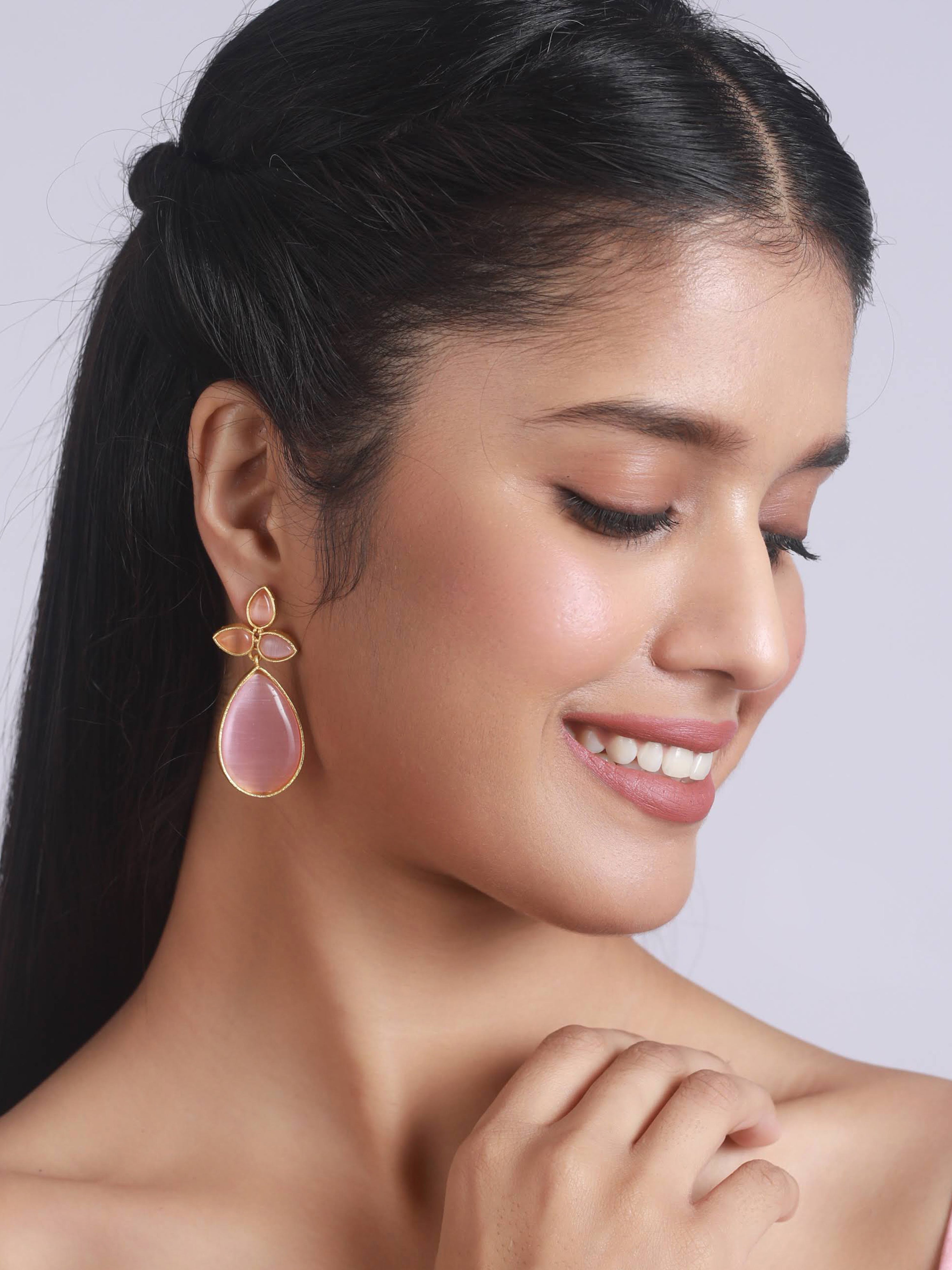 Gold-Plated Pink Contemporary Stone Studded Tear Drop Earrings