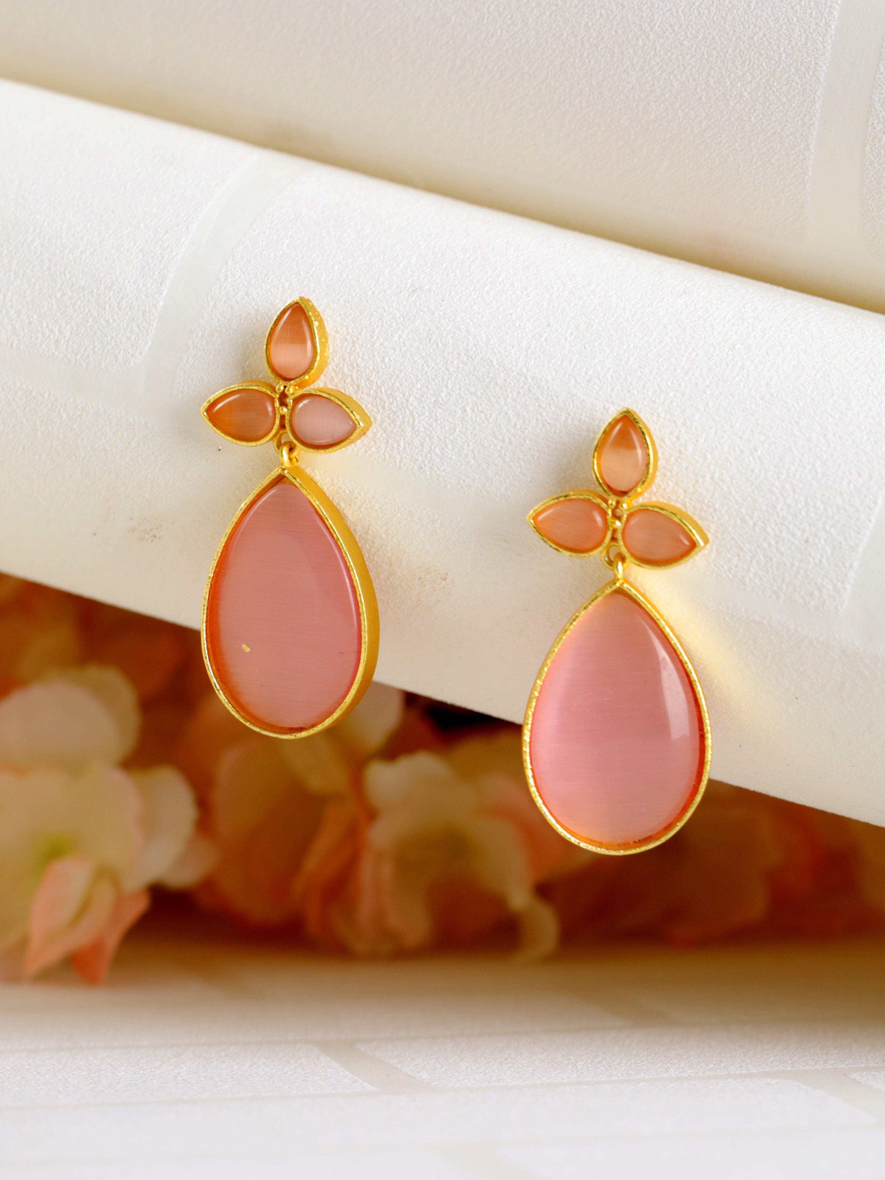 Gold-Plated Pink Contemporary Stone Studded Tear Drop Earrings