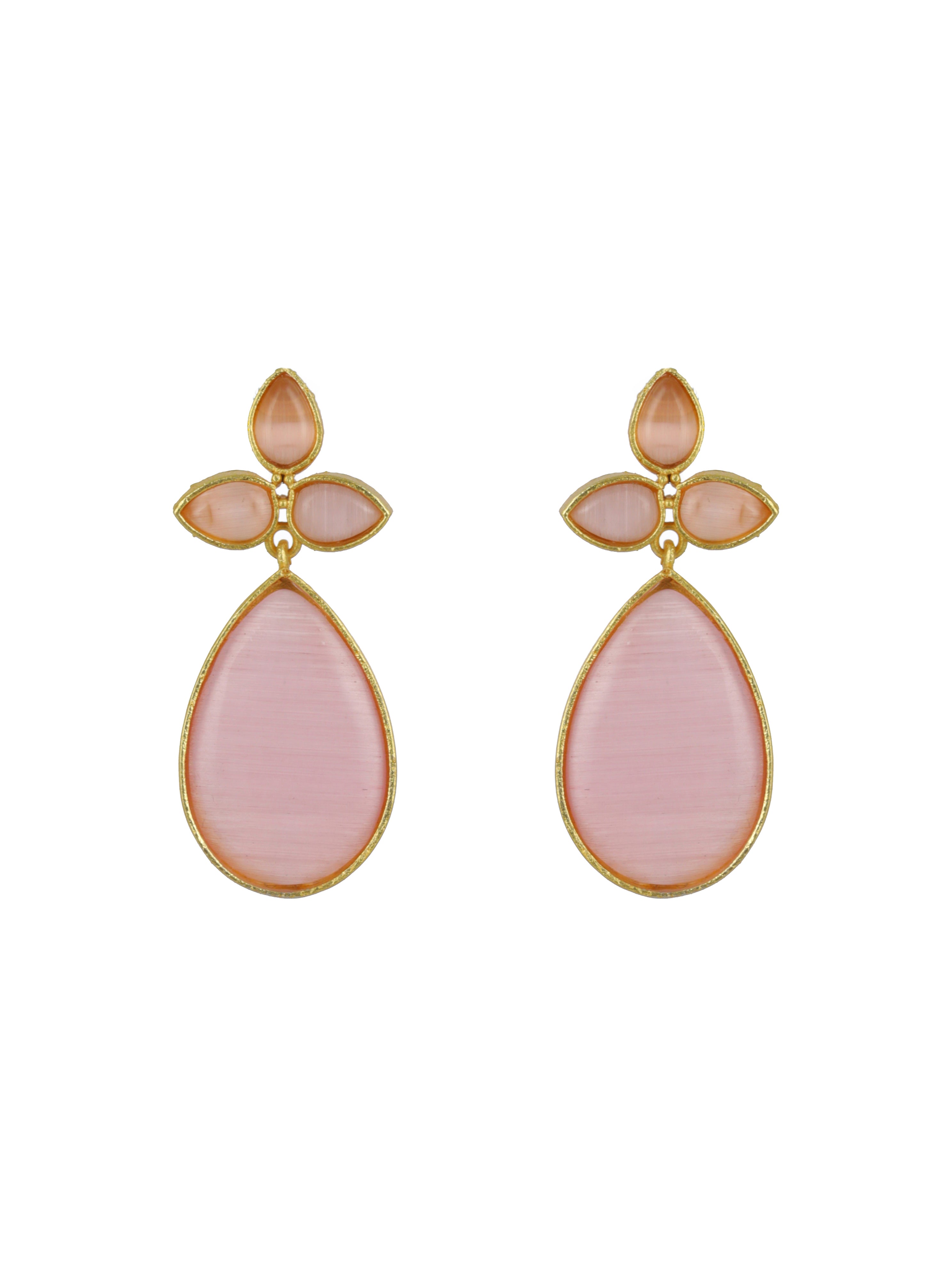 Gold-Plated Pink Contemporary Stone Studded Tear Drop Earrings - Jazzandsizzle