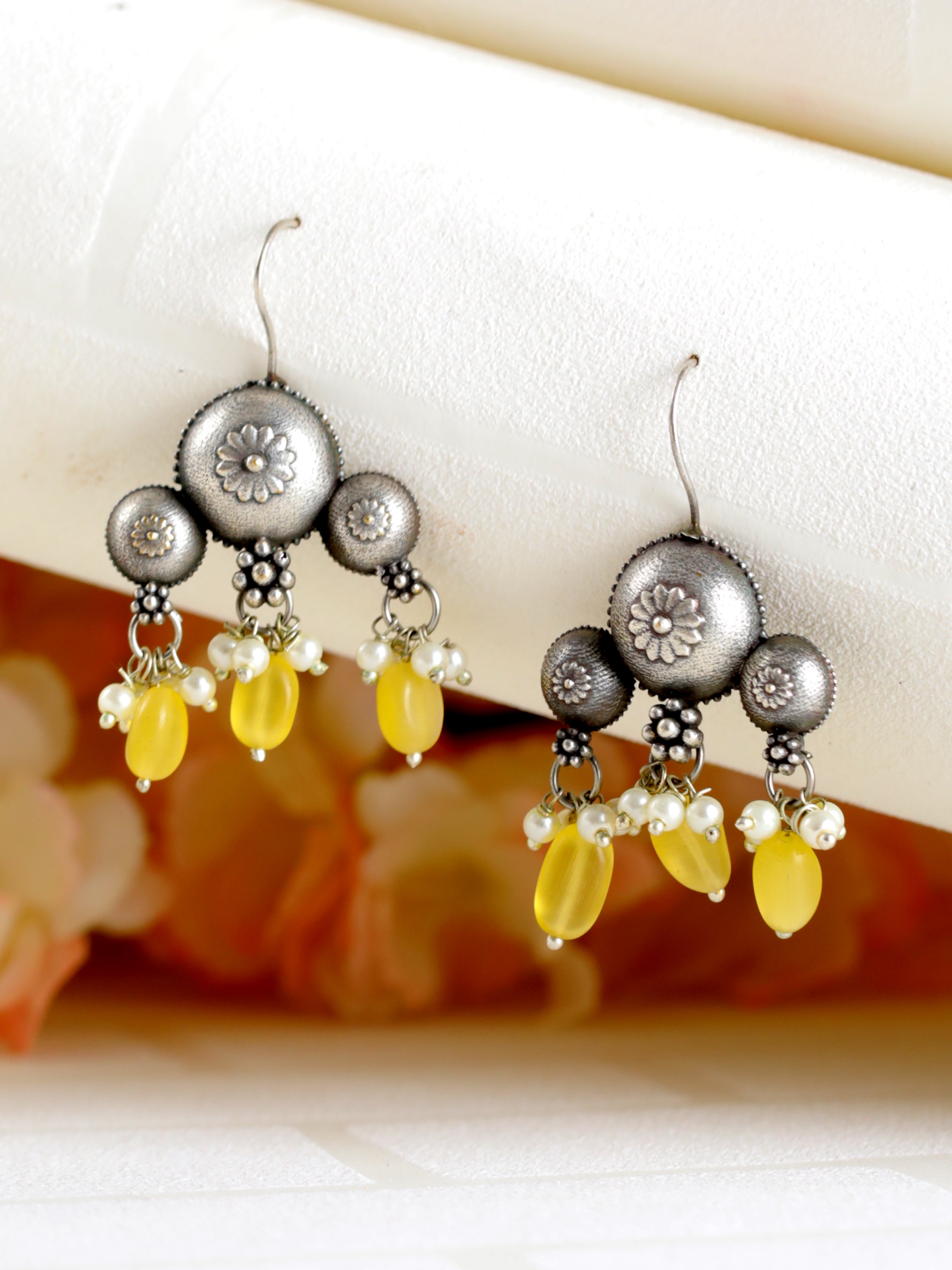Silver-Plated & Stone studded & Beaded Contemporary Drop Earrings - Jazzandsizzle
